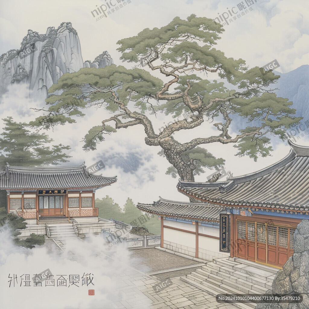 手繪工筆畫迎客松