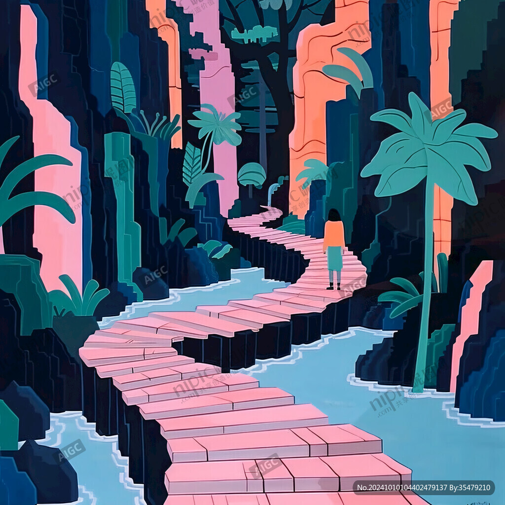 爬山石梯插畫