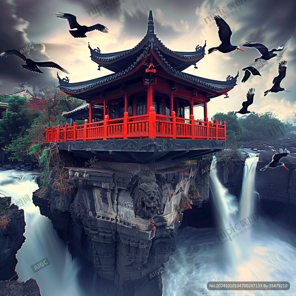 古代亭子流水