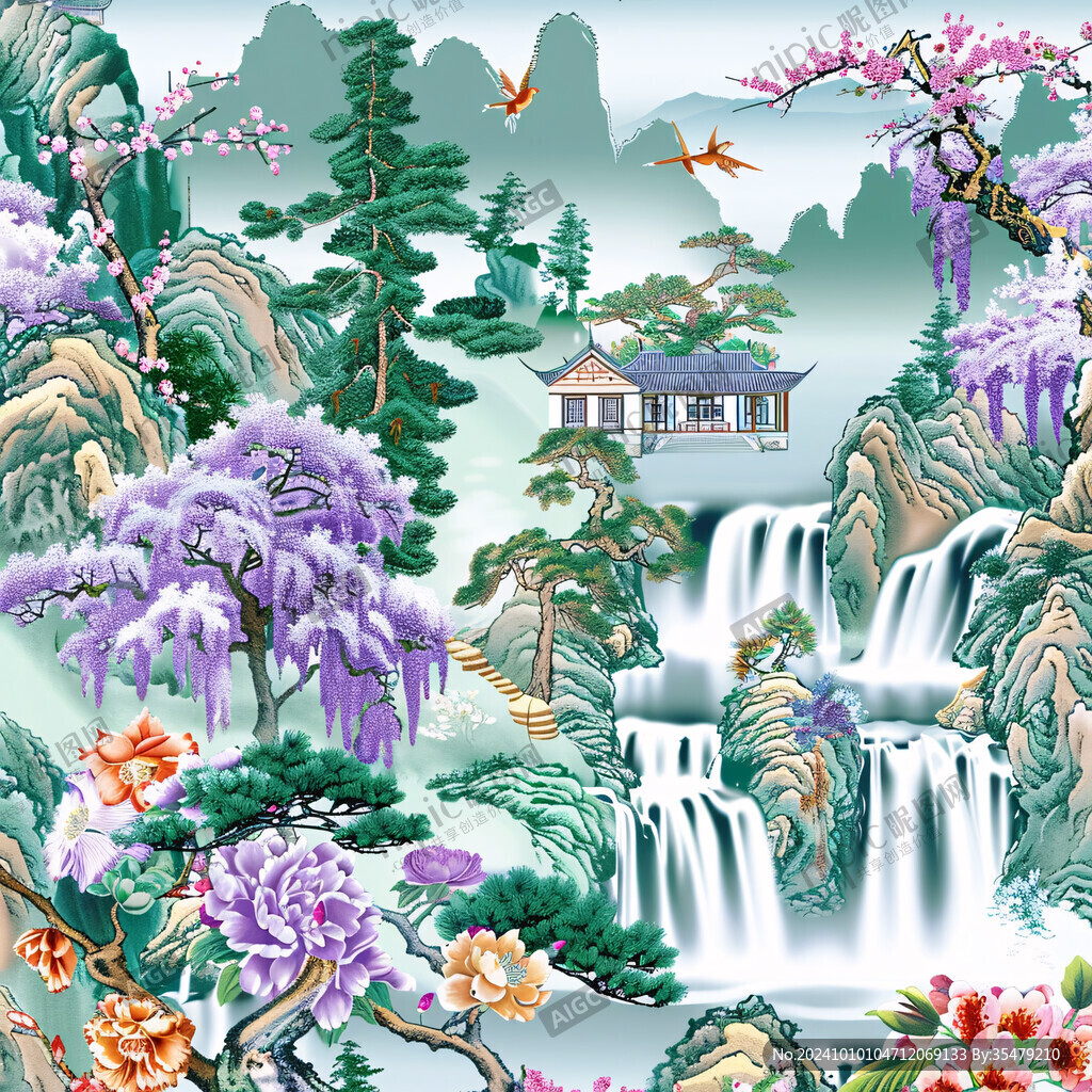 中式迎客松瑞鶴圖