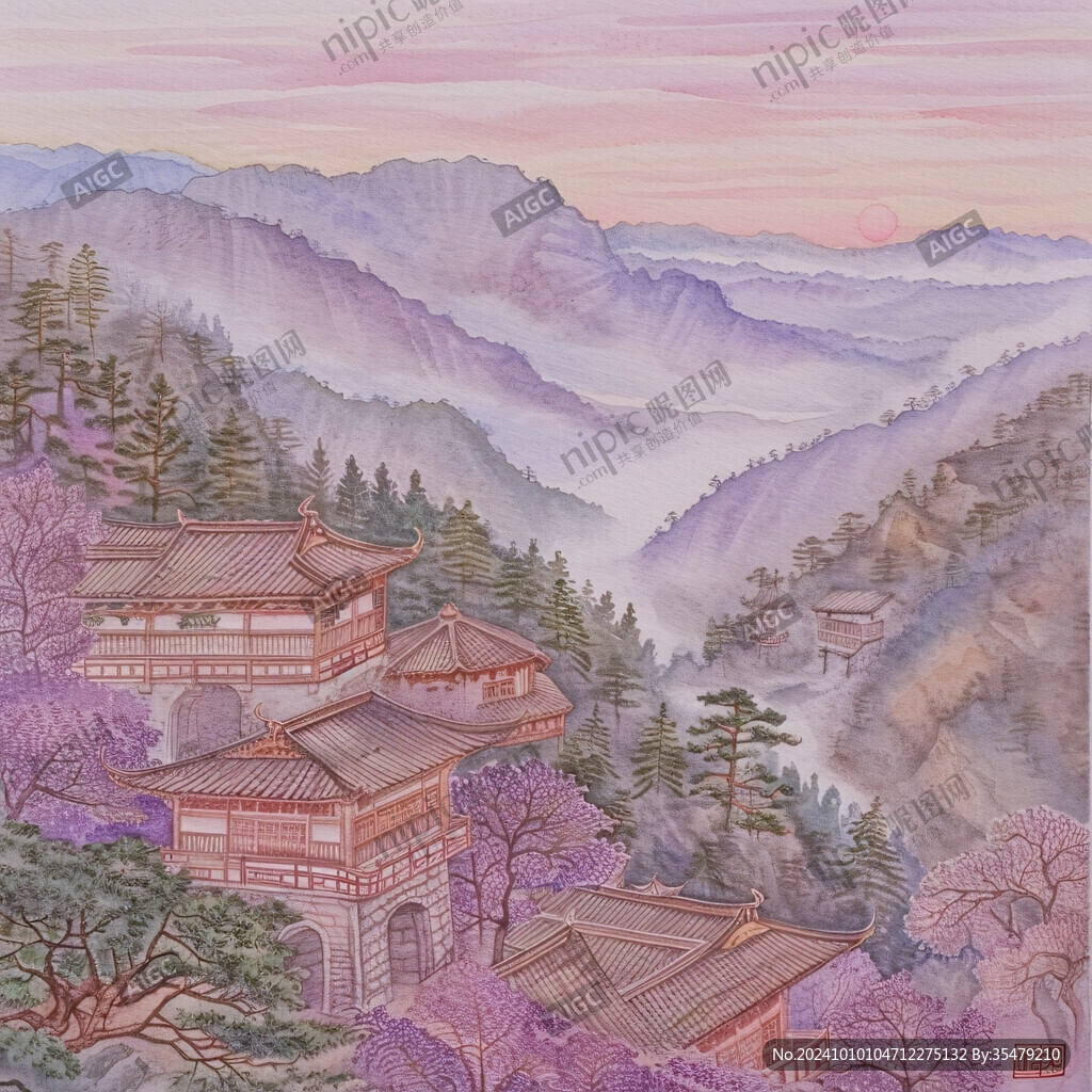 彩鉛浪漫紫色國畫山水