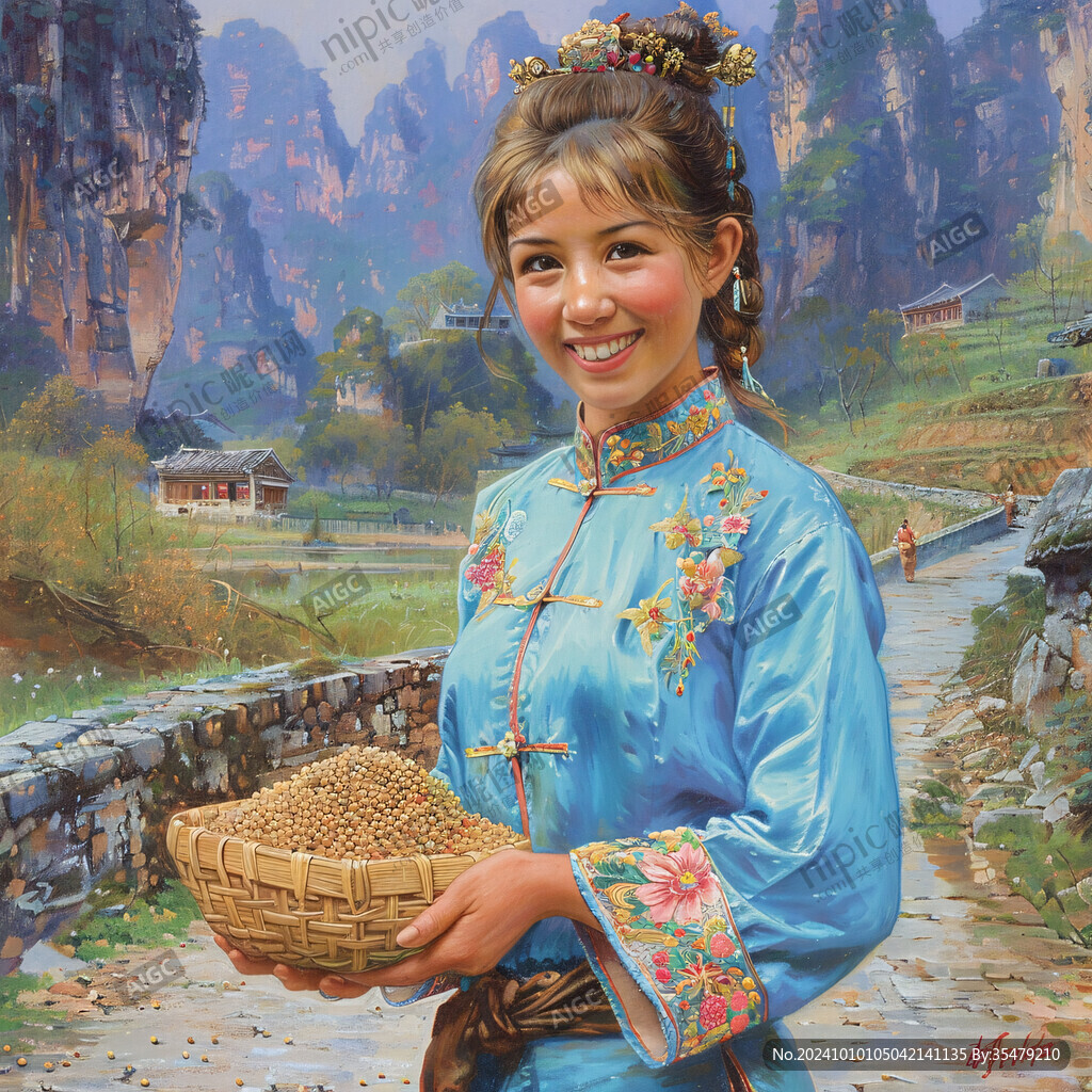 手繪挎籃子的村姑