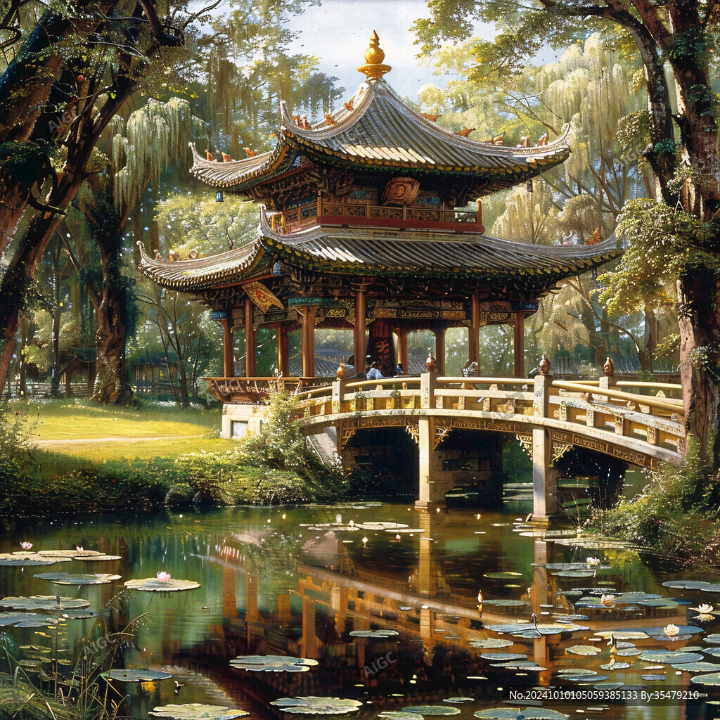 古風(fēng)亭臺樓閣油畫