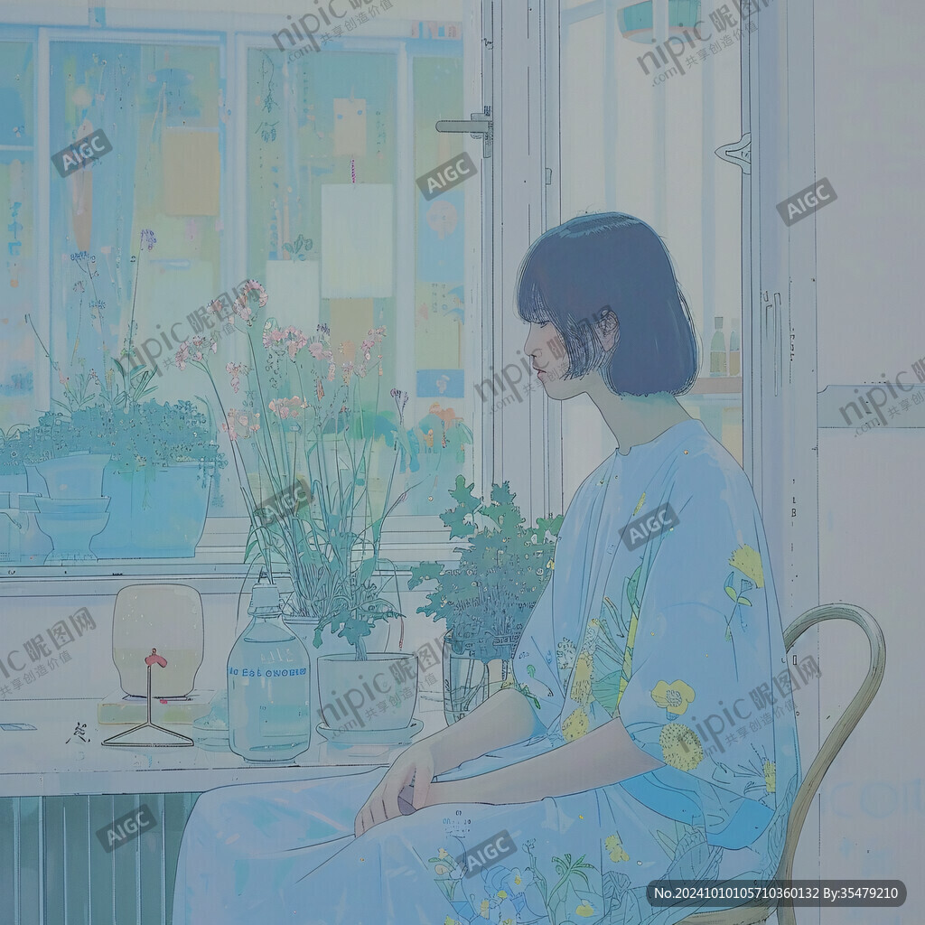 美人倚窗插畫