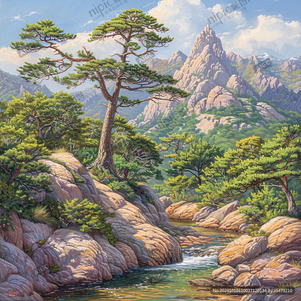 迎客松油畫