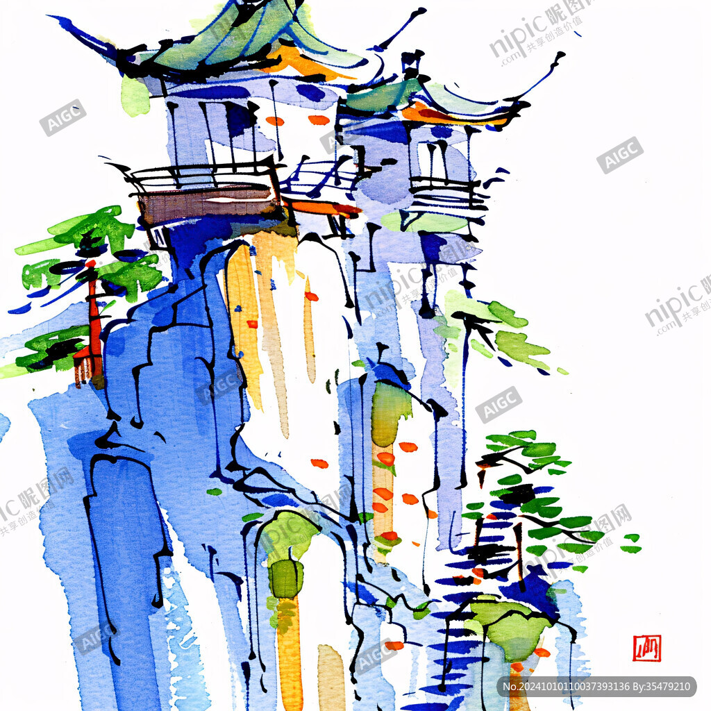 水彩畫插畫水墨畫建筑