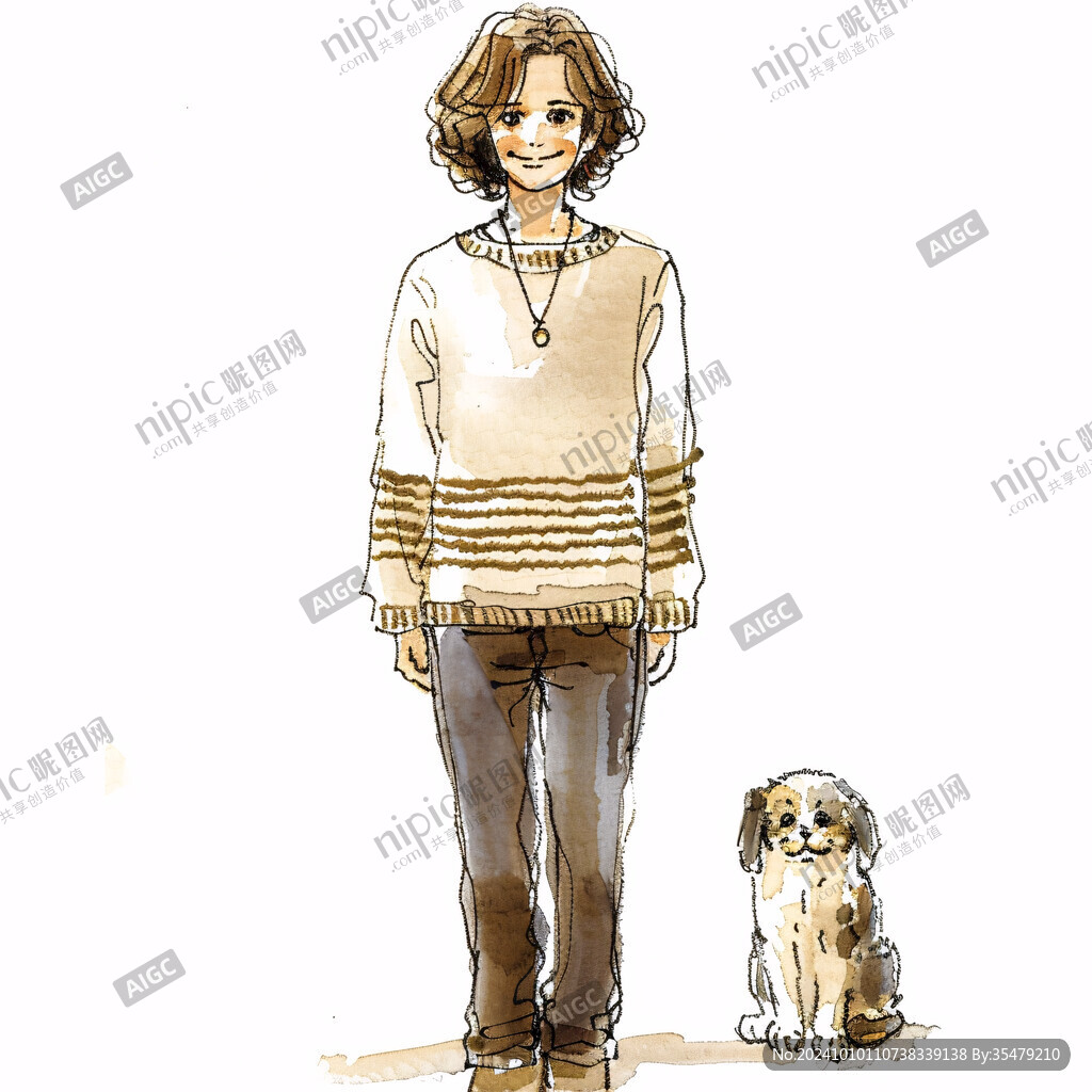 插畫小狗和女孩