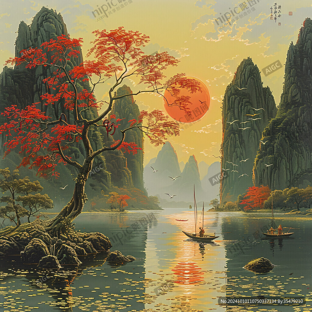 新中式國潮紅葉山水