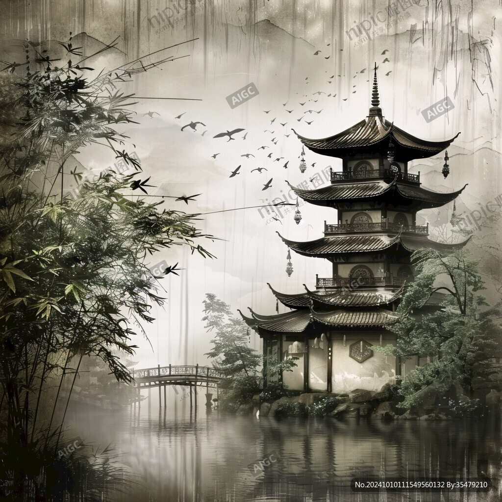 亭臺樓閣意境插畫