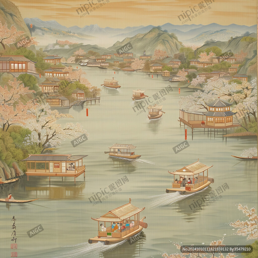 水上船家山水畫