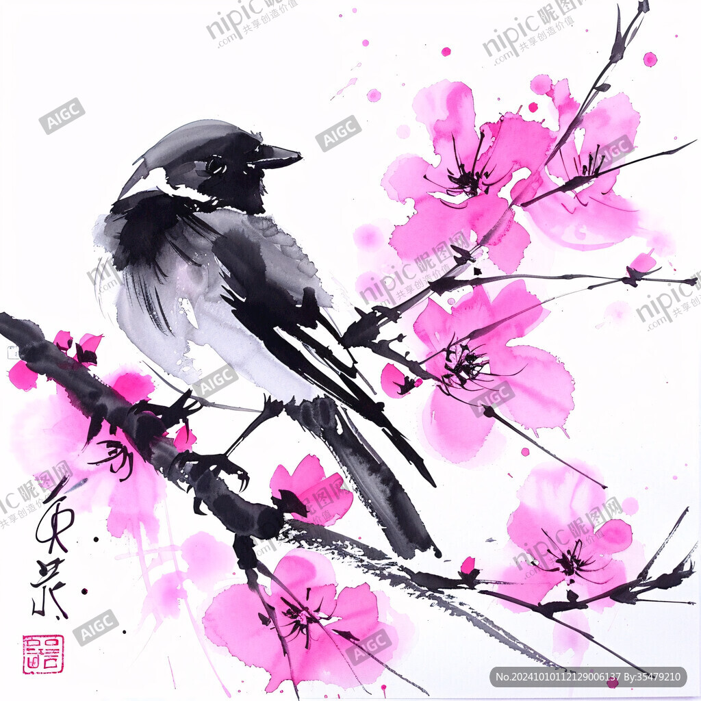水墨國畫桃花小鳥
