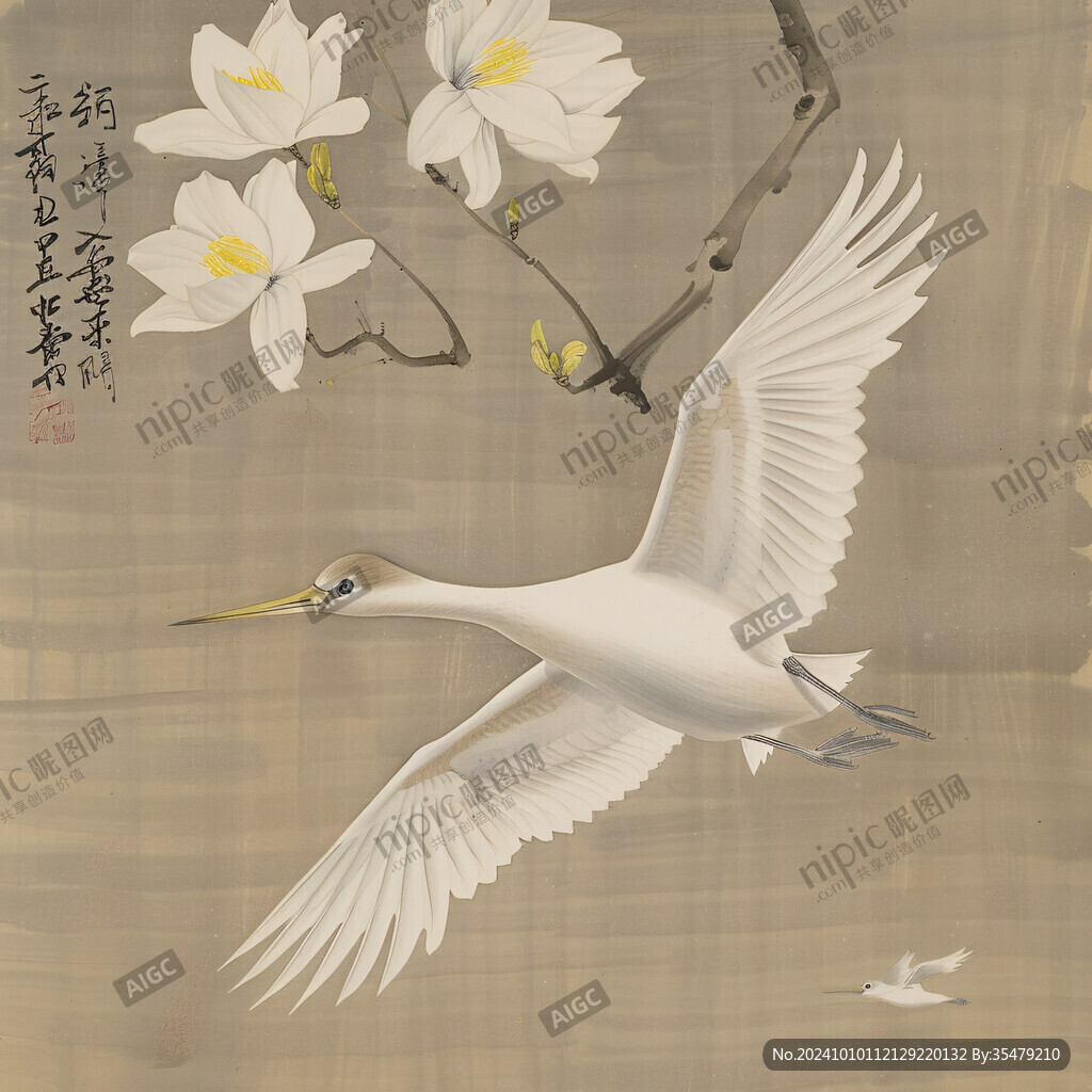 手繪白鶴描金線描掛畫