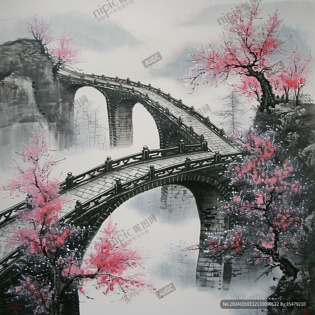 小橋流水年畫(huà)水墨畫(huà)