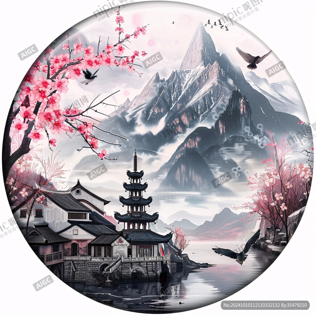 意境山水花鳥圓形畫