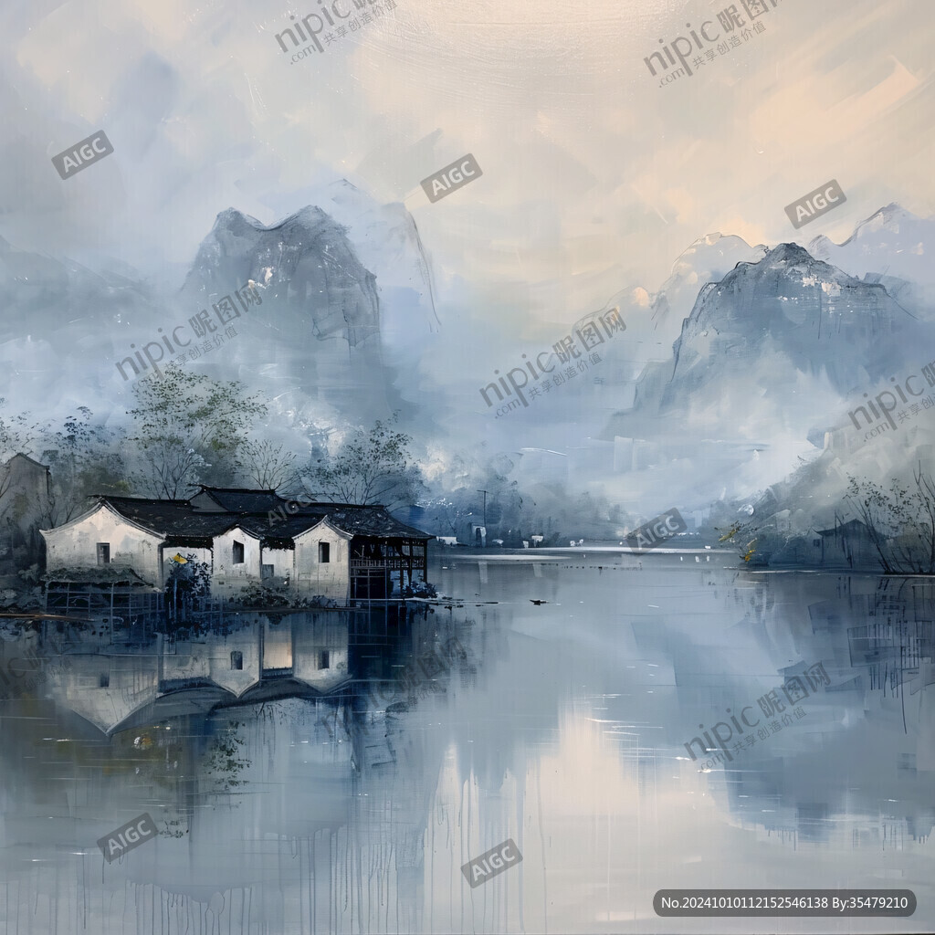 油畫遠山群山倒影云霧