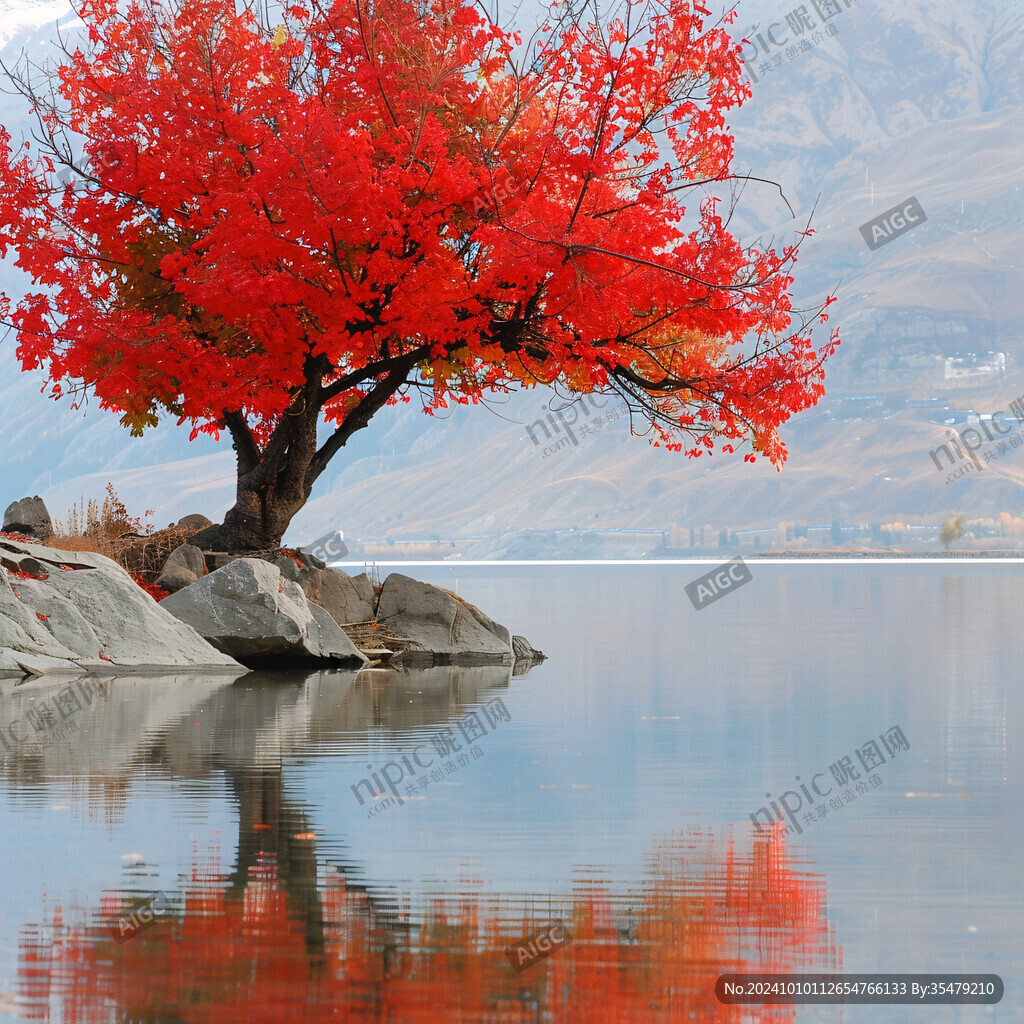 湖邊紅楓樹