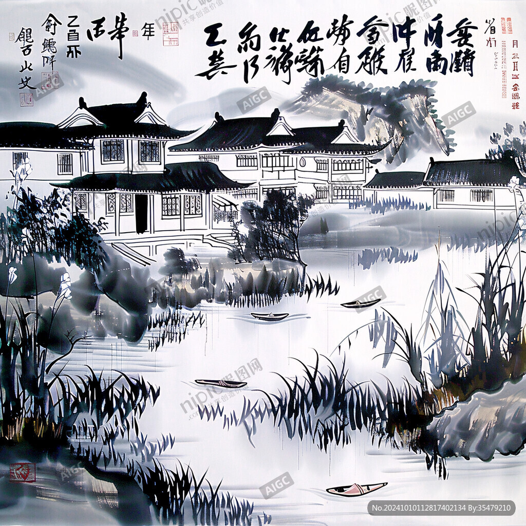山水樓閣亭臺墻畫