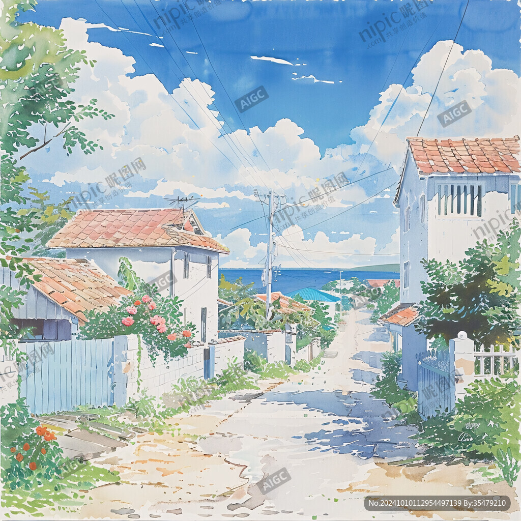 海邊小村風景畫