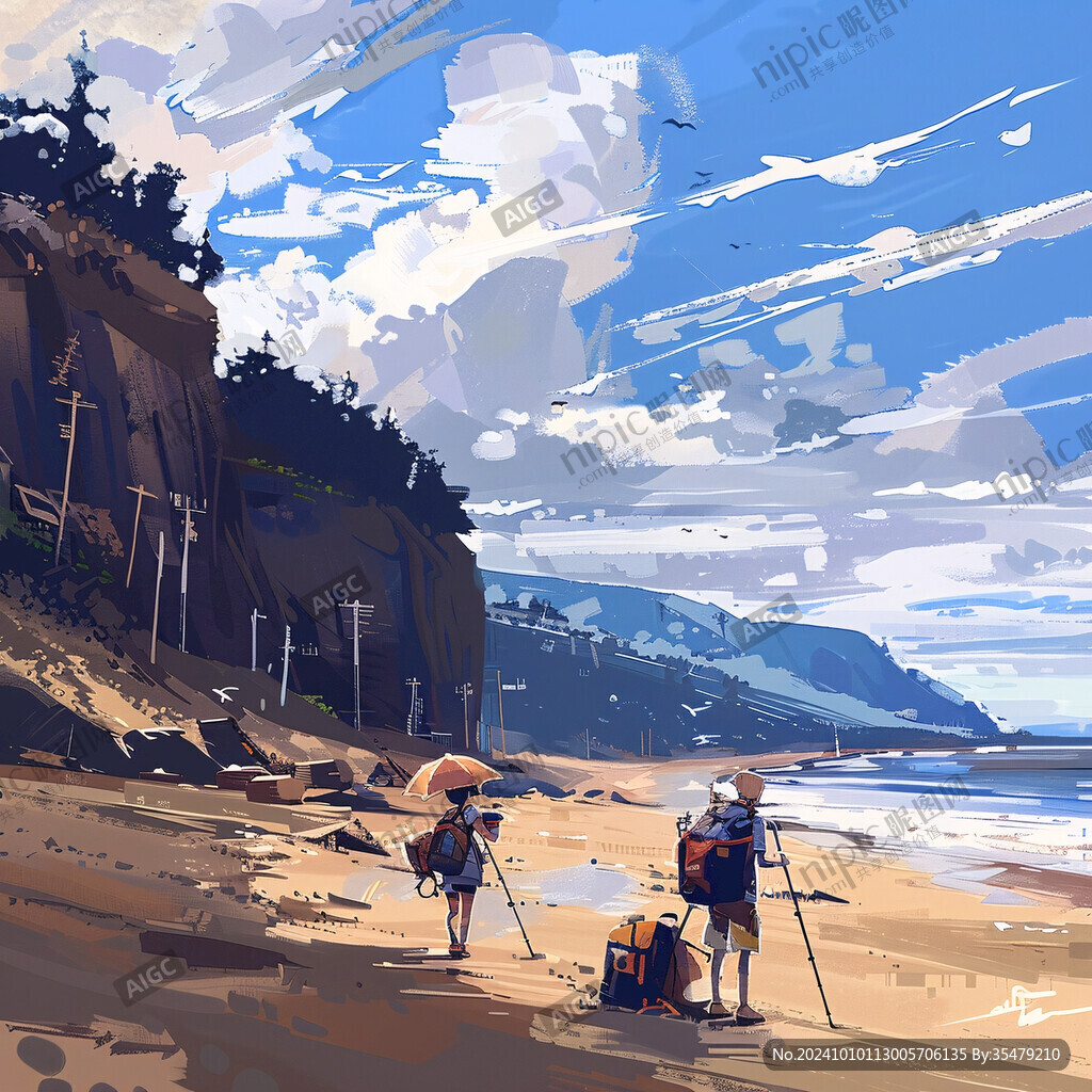 海灘漫步插畫