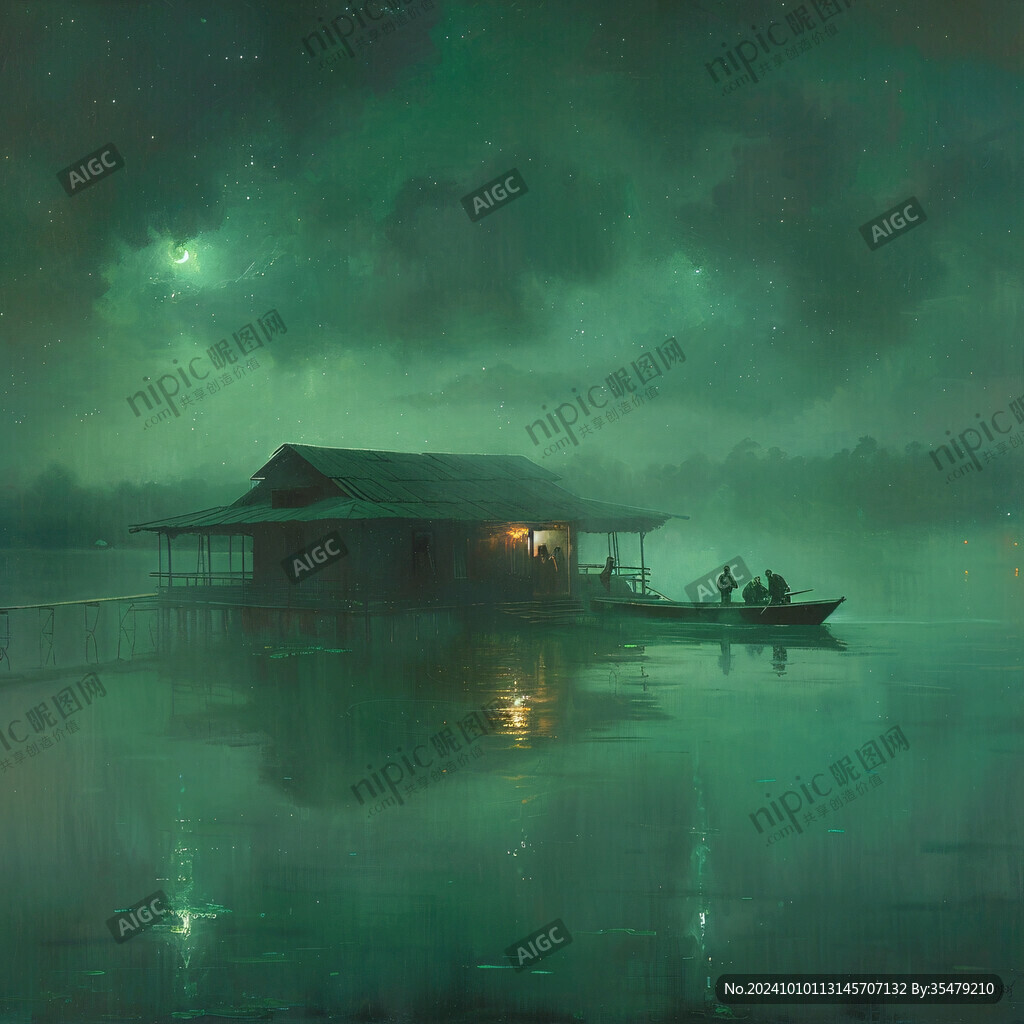 插畫夜景湖泊
