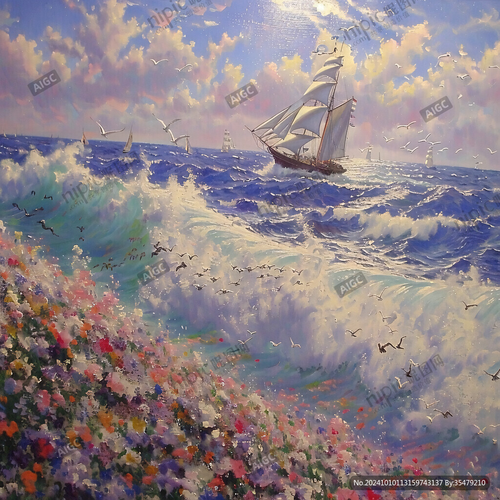 揚帆踏浪油畫