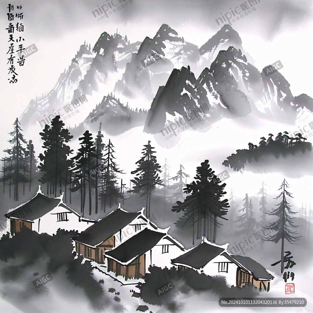 閣樓山水插畫