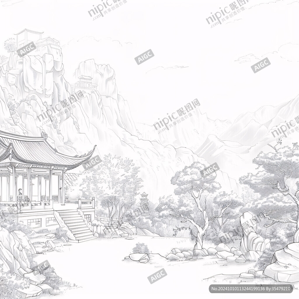 樓閣亭臺畫線描背景