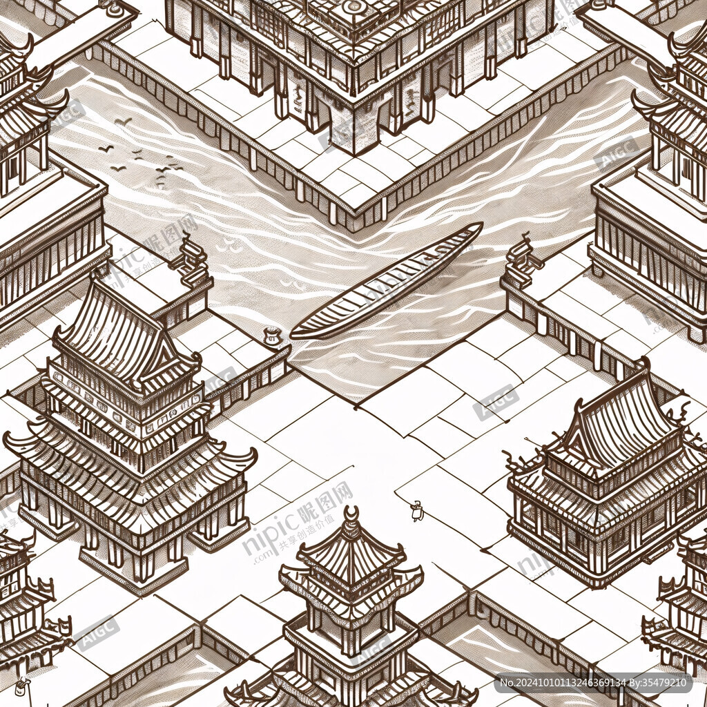黃河上中游建筑插畫