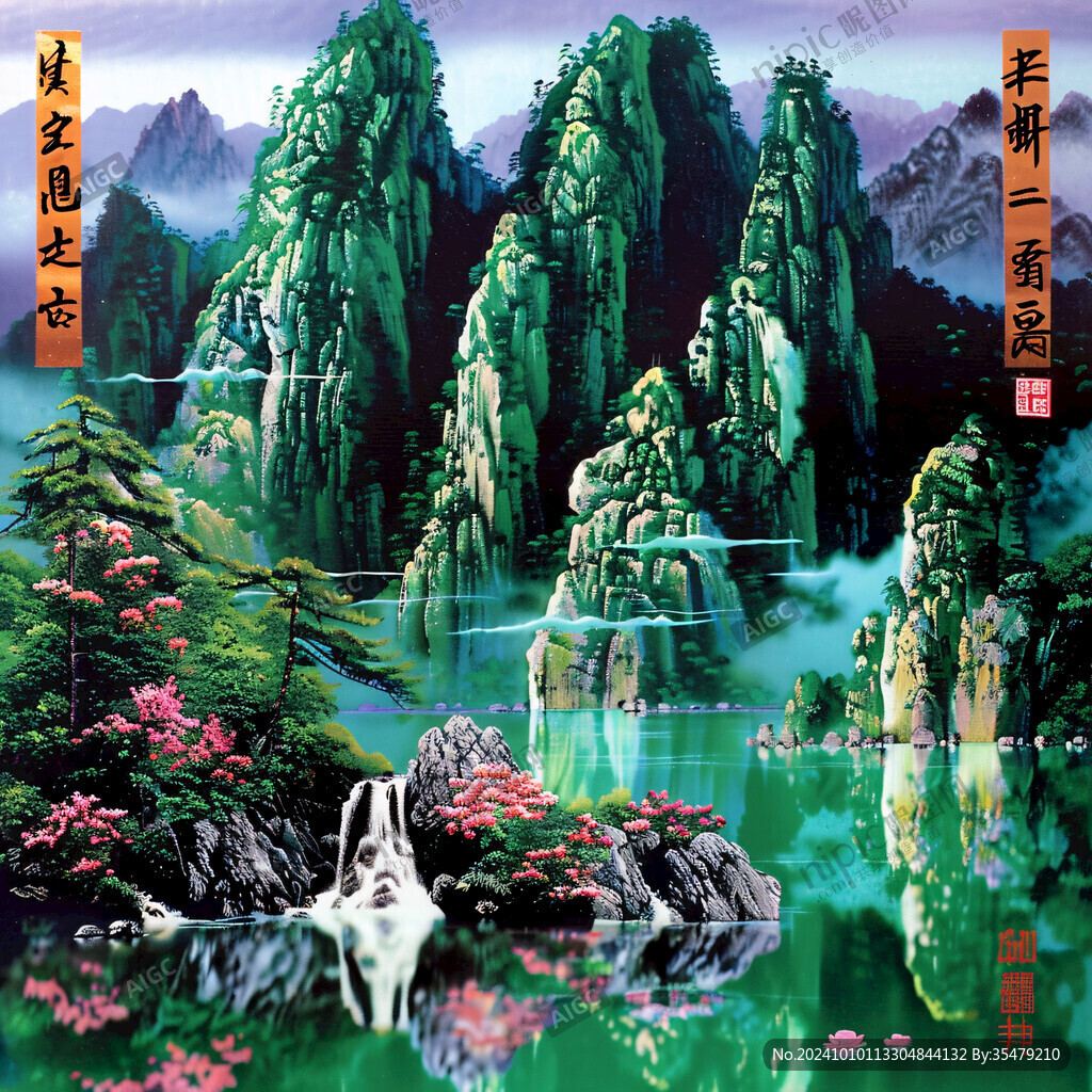 迎客松青綠山水壁畫