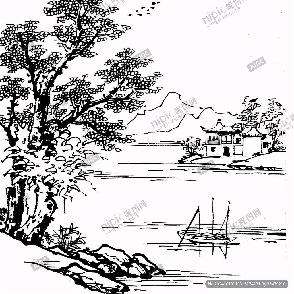 線描古風(fēng)江景山水
