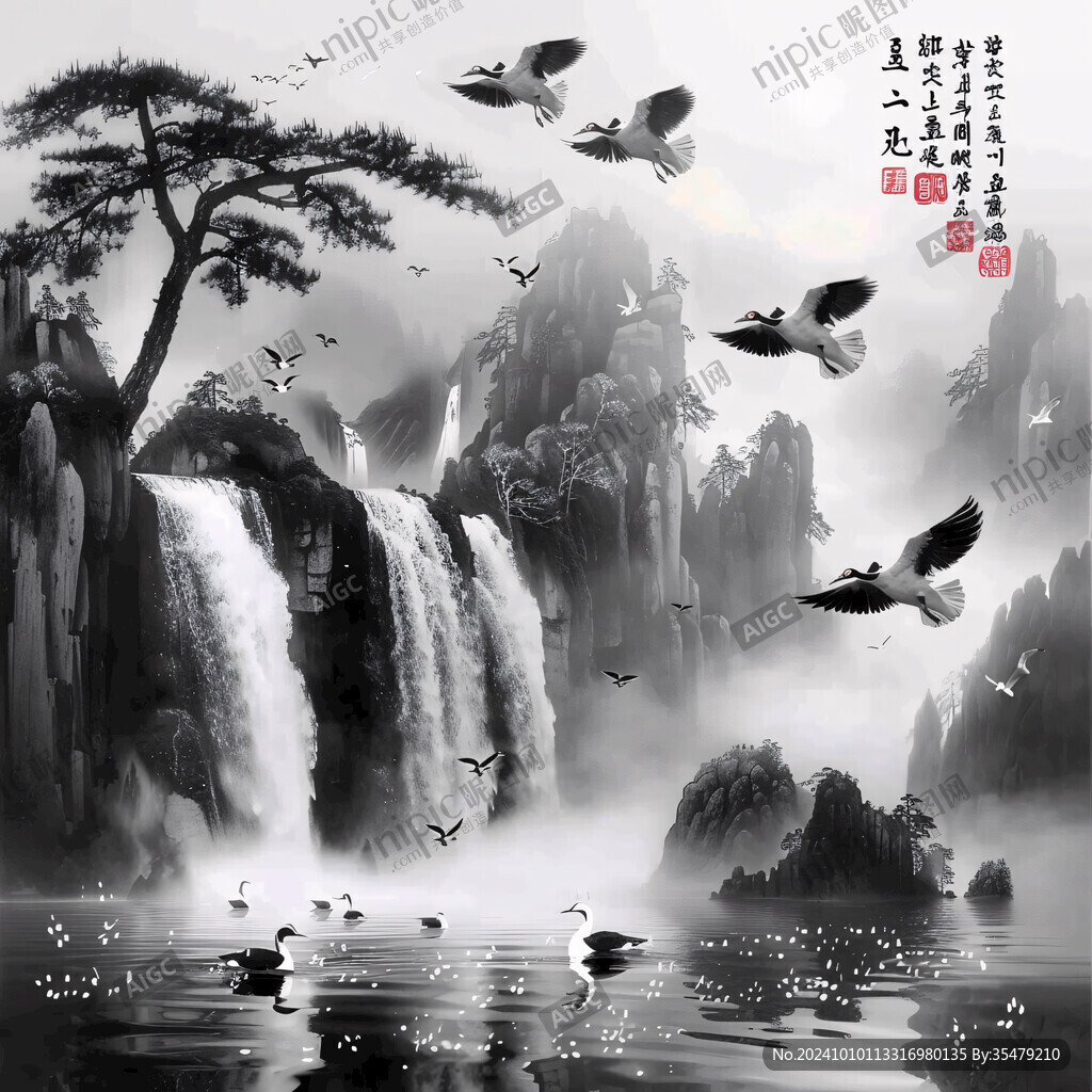 水墨迎客松壁畫