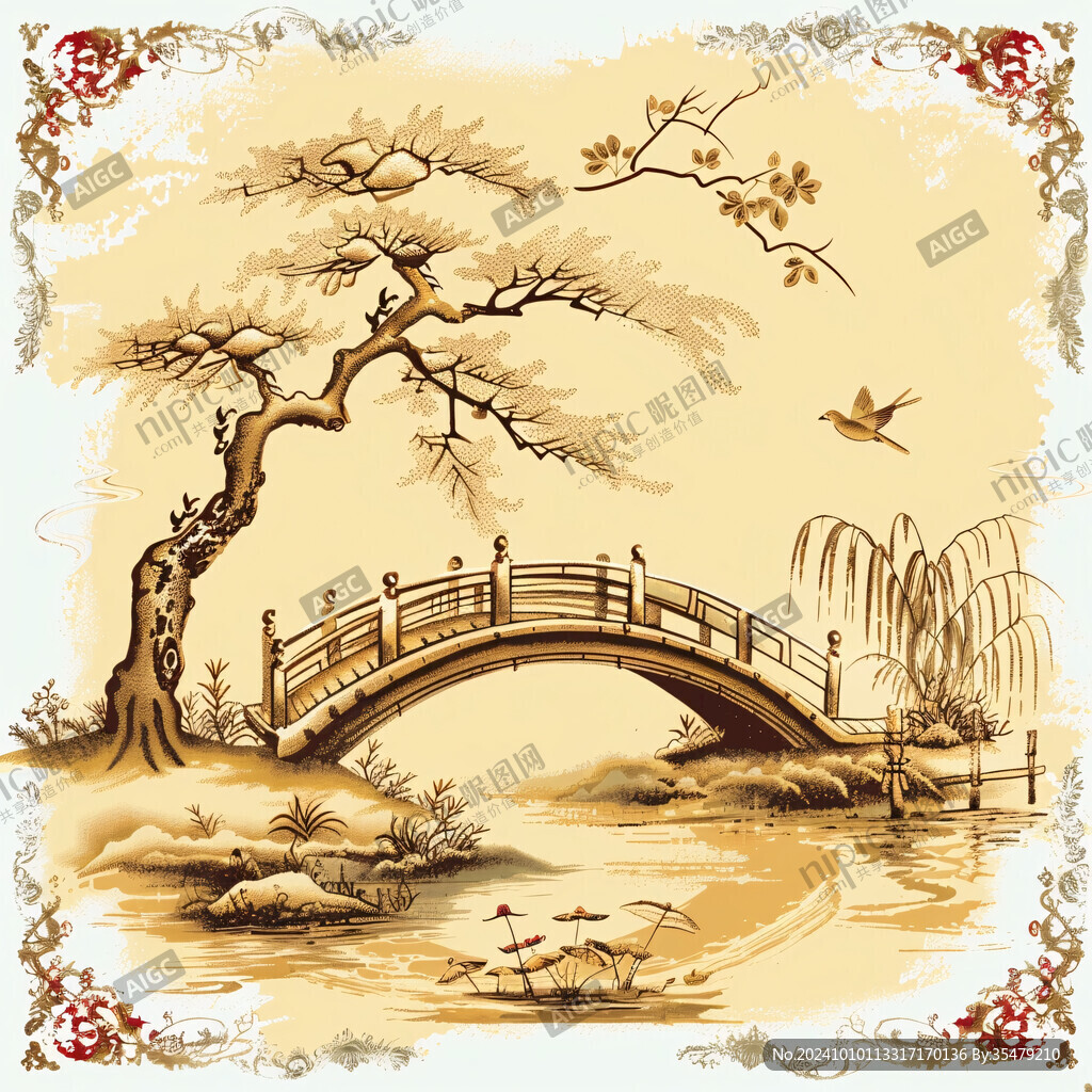 小橋流水年畫水墨畫