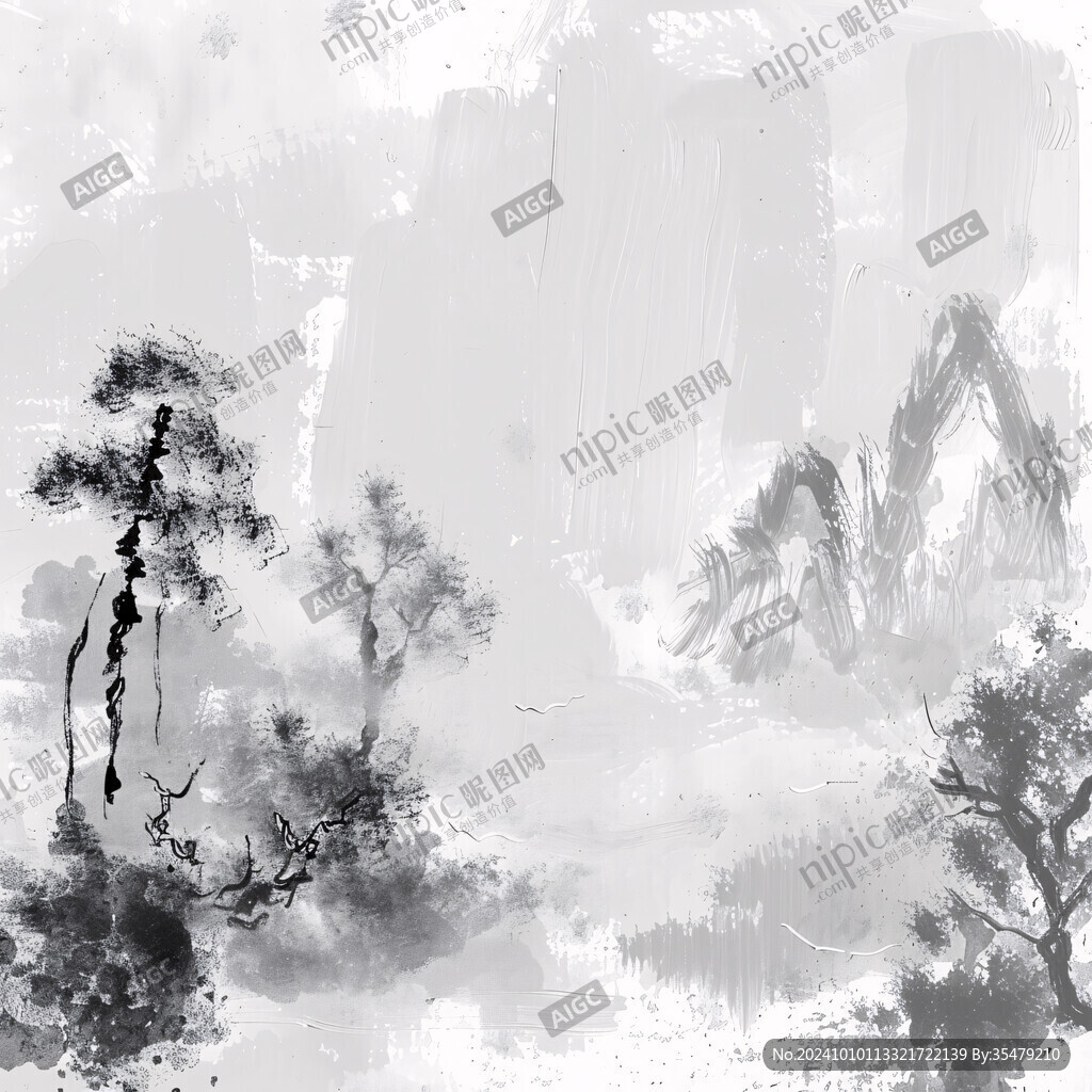 正方形水墨畫遠(yuǎn)山煙霧