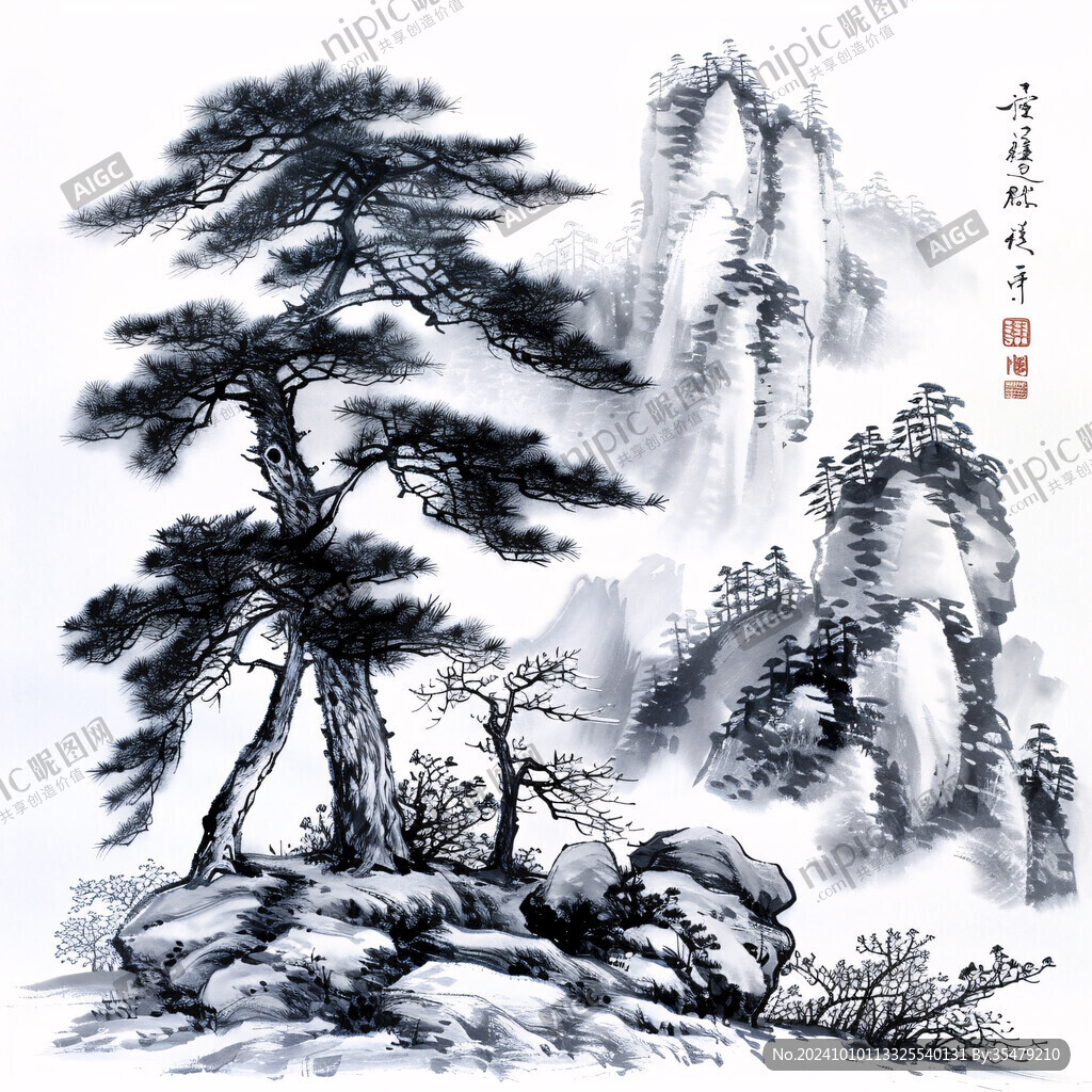 國畫風光松樹