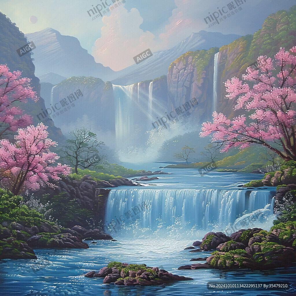 山水風景油畫瀑布