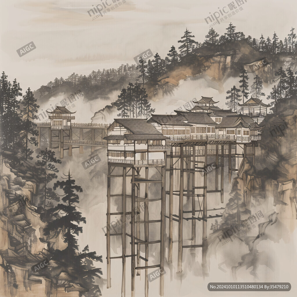 水彩土家族建筑