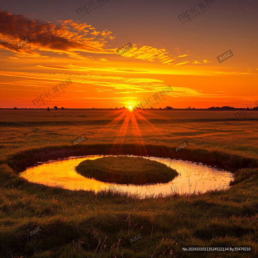 草地小河夕陽