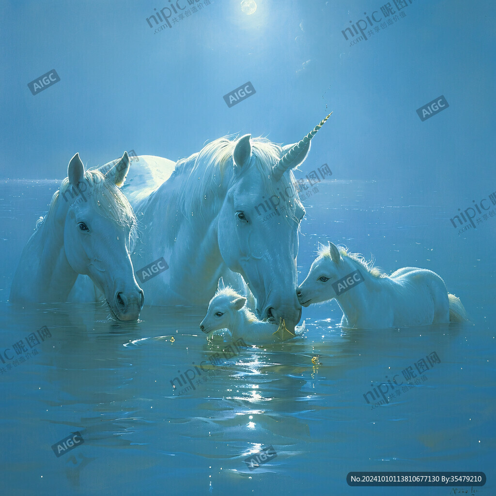 水中吃草的母馬圖