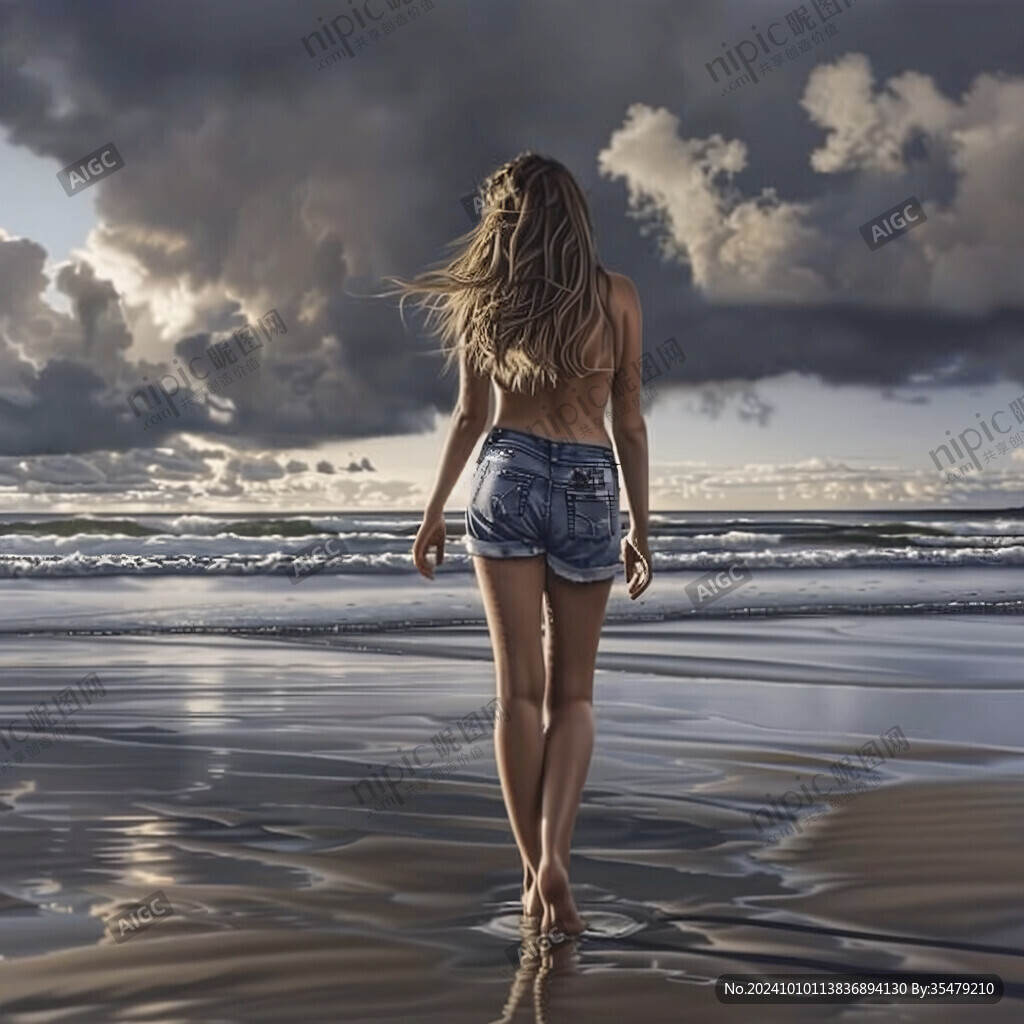 美女海邊背影
