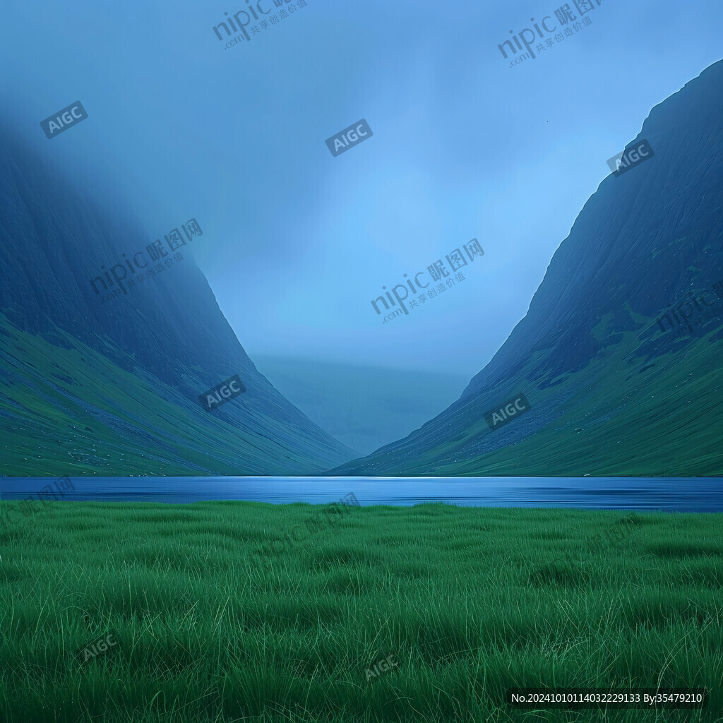 藍(lán)色河水綠草地