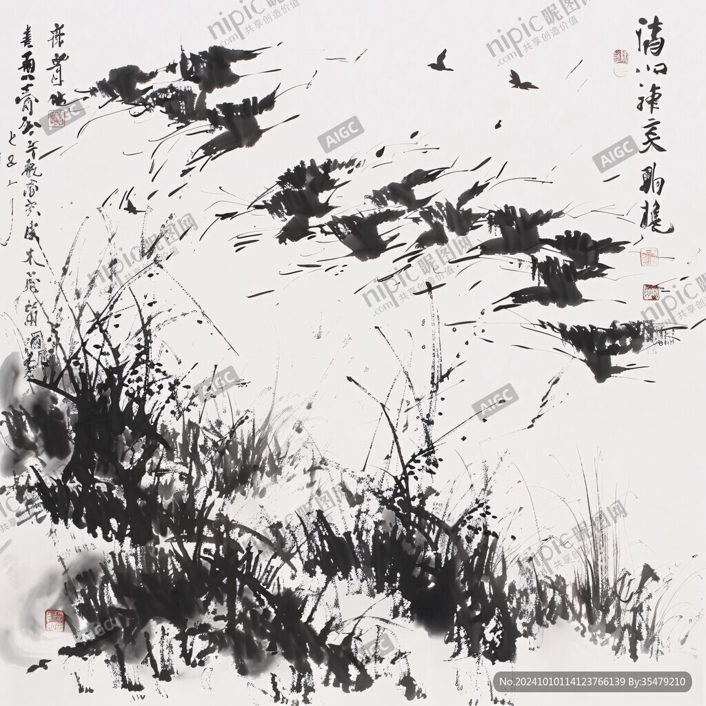 蘆葦水墨畫