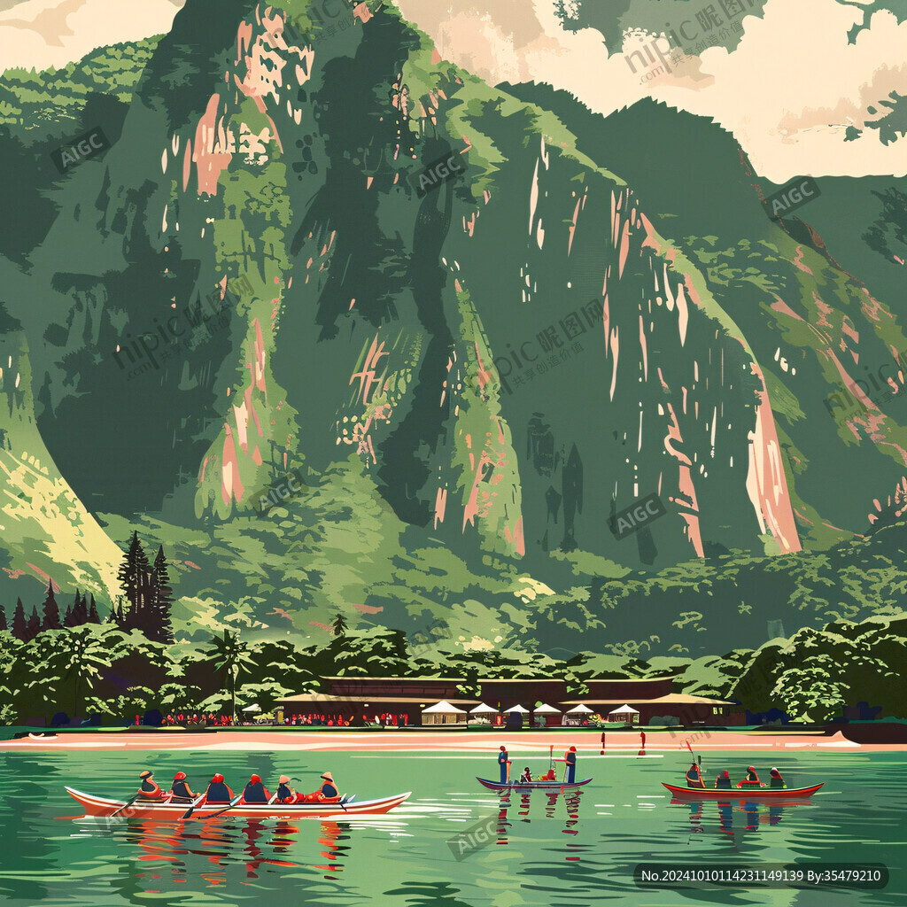 老撾插畫老撾水墨山水
