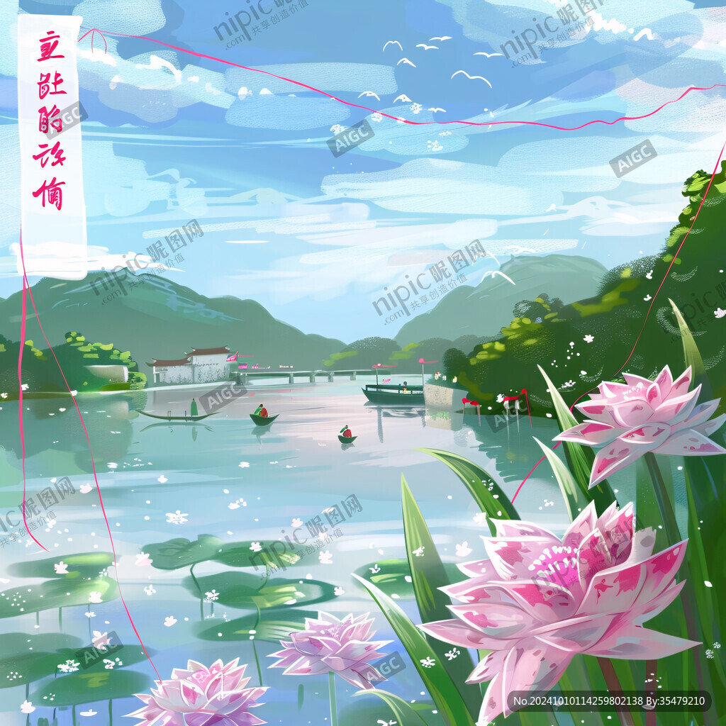 手繪荷花江南水鄉(xiāng)