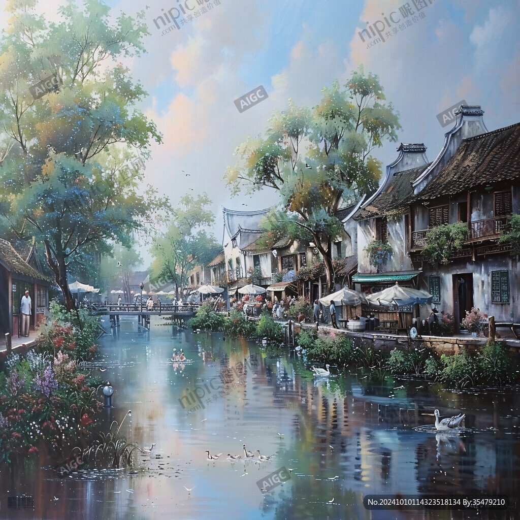 江南古鎮(zhèn)油畫效果