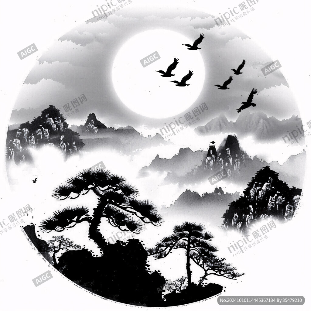 中式迎客松瑞鶴圖