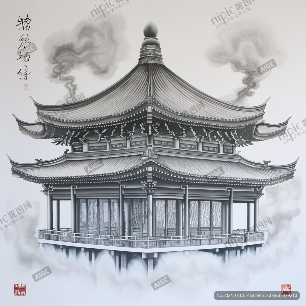 高端閣樓古建筑壁畫