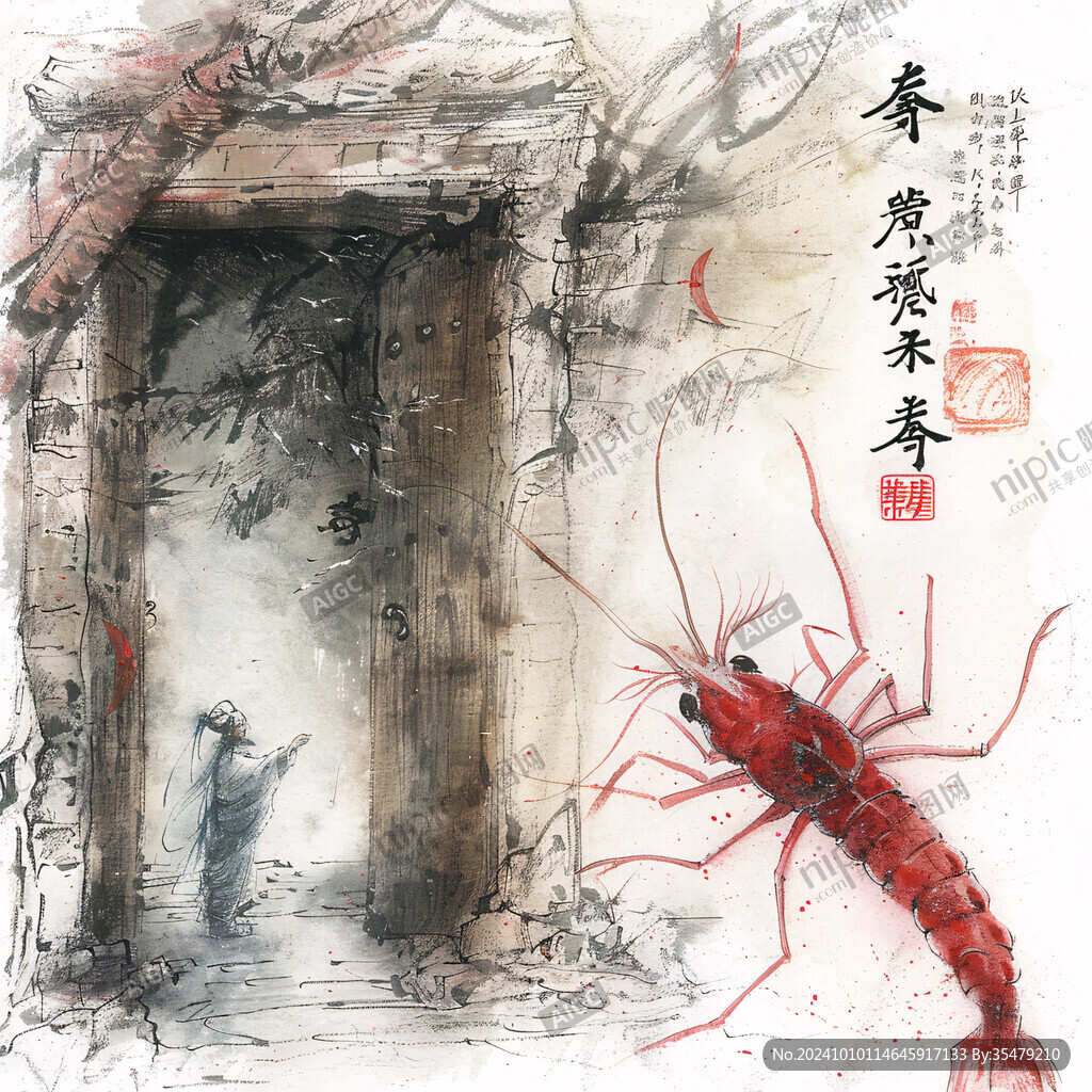 古代庭院春節水墨畫