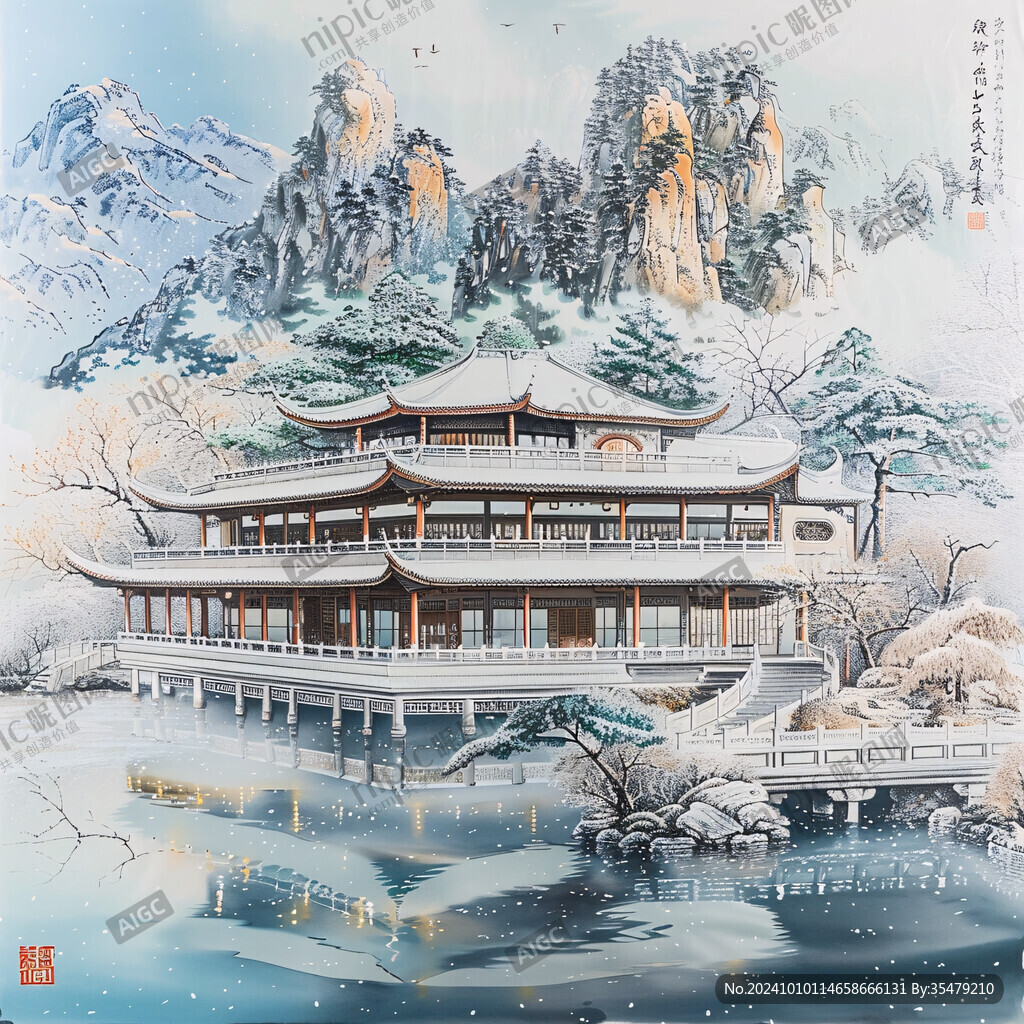 手繪描金亭臺(tái)樓閣山水
