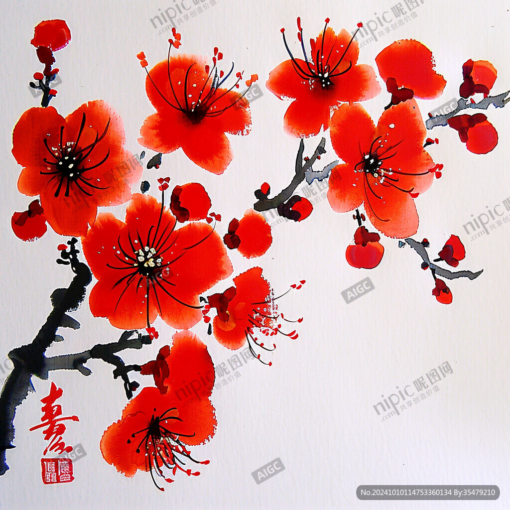 水墨畫串紅花