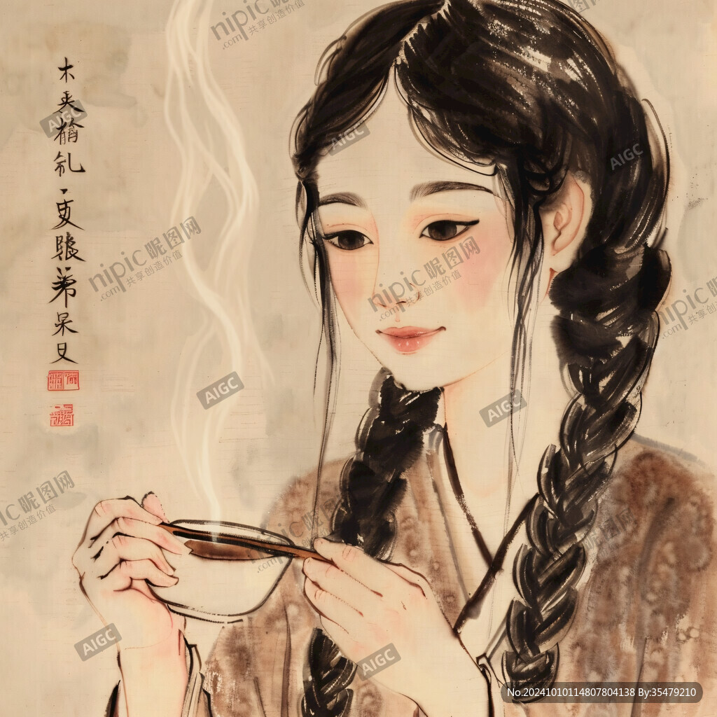 民國風(fēng)手繪花茶美女